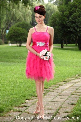 Cute Hot Pink Spaghetti Straps Tulle Beading Belt 2013 Cocktail Dress