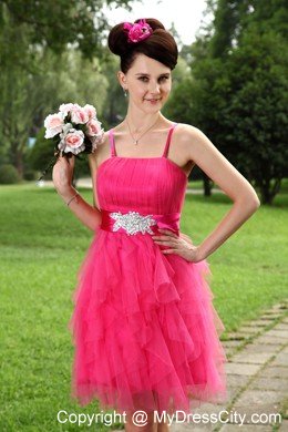 Cute Hot Pink Spaghetti Straps Tulle Beading Belt 2013 Cocktail Dress