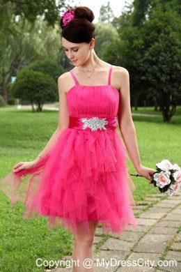 Cute Hot Pink Spaghetti Straps Tulle Beading Belt 2013 Cocktail Dress