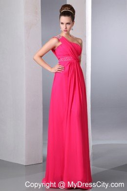 Hot Pink Empire One Shoulder Beading Cocktail Dress for Celebrity