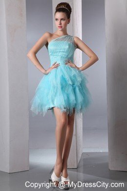 Aqua Blue A-line One Shoulder Ruffles Short Prom Dress with Beading