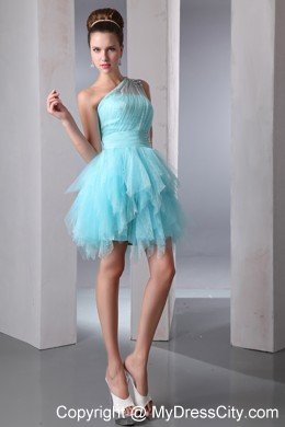 Aqua Blue A-line One Shoulder Ruffles Short Prom Dress with Beading