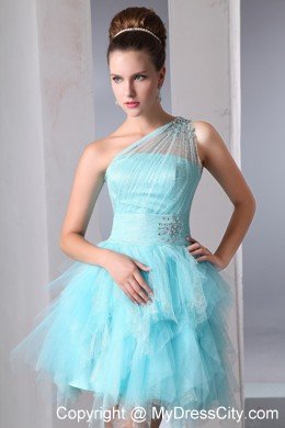 Aqua Blue A-line One Shoulder Ruffles Short Prom Dress with Beading