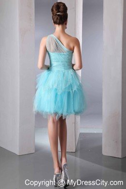 Aqua Blue A-line One Shoulder Ruffles Short Prom Dress with Beading