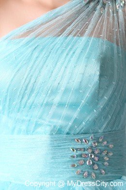 Aqua Blue A-line One Shoulder Ruffles Short Prom Dress with Beading