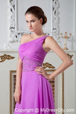 Fuchsia One Shoulder Evening Cocktail Dress with Ruches and Beading