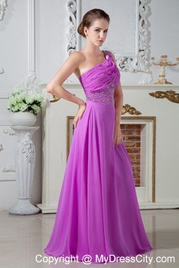 Fuchsia One Shoulder Evening Cocktail Dress with Ruches and Beading