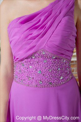 Fuchsia One Shoulder Evening Cocktail Dress with Ruches and Beading