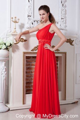 Red One Shoulder Chiffon Cocktail Party Dresses with Ruches Beading