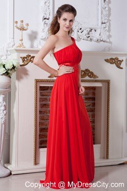 Red One Shoulder Chiffon Cocktail Party Dresses with Ruches Beading