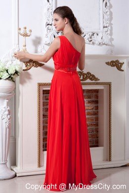 Red One Shoulder Chiffon Cocktail Party Dresses with Ruches Beading