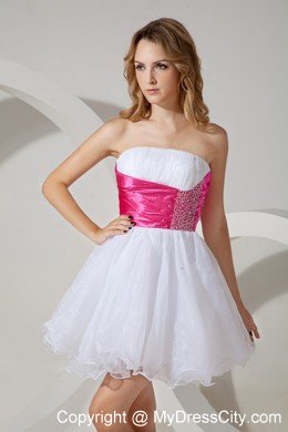 White Strapless Ruches Cocktail Dress Beading with Organza