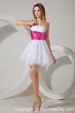 White Strapless Ruches Cocktail Dress Beading with Organza