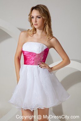 White Strapless Ruches Cocktail Dress Beading with Organza