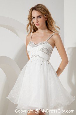 White Spaghetti Straps Organza Beading Cocktail Dress 2013