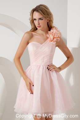 Baby Pink Princess Flower One Shoulder Ruches Cocktail Dress for Girl