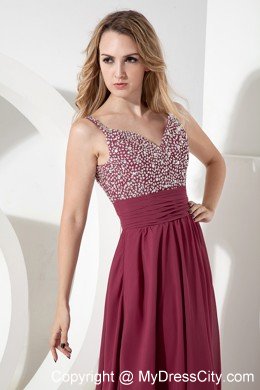 Straps Beading 2013 Burgundy Semi-formal Dress with Side Zipper