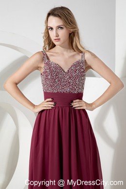 Straps Beading 2013 Burgundy Semi-formal Dress with Side Zipper