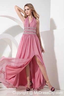 Rose Pink Empire Halter High Slit Cocktail Party Dresses with Beading