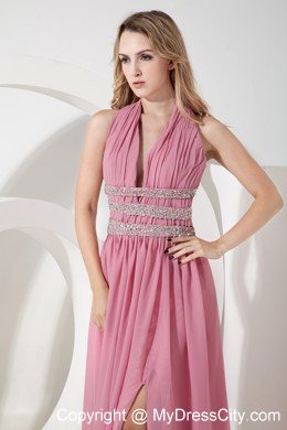 Rose Pink Empire Halter High Slit Cocktail Party Dresses with Beading