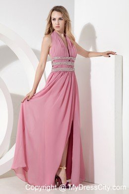 Rose Pink Empire Halter High Slit Cocktail Party Dresses with Beading