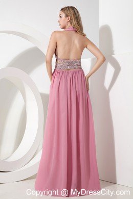 Rose Pink Empire Halter High Slit Cocktail Party Dresses with Beading