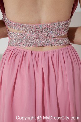 Rose Pink Empire Halter High Slit Cocktail Party Dresses with Beading