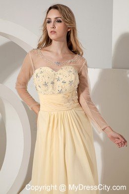 Light Yellow Long Sleeves Beading Cocktail Dress with Sheer Neckline