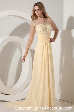 Light Yellow Long Sleeves Beading Cocktail Dress with Sheer Neckline