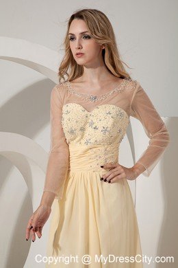 Light Yellow Long Sleeves Beading Cocktail Dress with Sheer Neckline