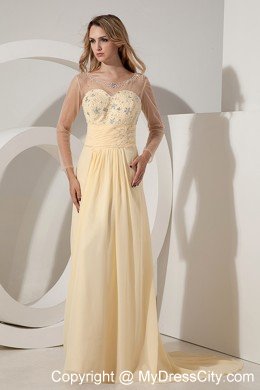 Light Yellow Long Sleeves Beading Cocktail Dress with Sheer Neckline