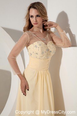 Light Yellow Long Sleeves Beading Cocktail Dress with Sheer Neckline