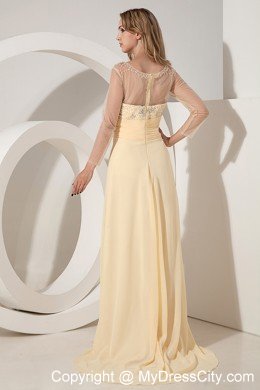 Light Yellow Long Sleeves Beading Cocktail Dress with Sheer Neckline