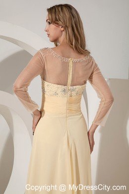 Light Yellow Long Sleeves Beading Cocktail Dress with Sheer Neckline