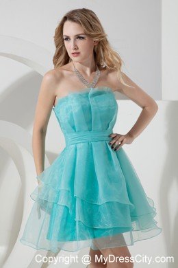 Aqua Blue A-line Strapless Organza Cocktail Dress with Ruches