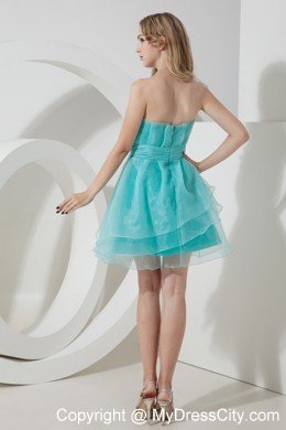 Aqua Blue A-line Strapless Organza Cocktail Dress with Ruches