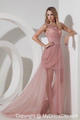 Light Pink Column Scoop Evening Cocktail Dress with Tulle Ruches