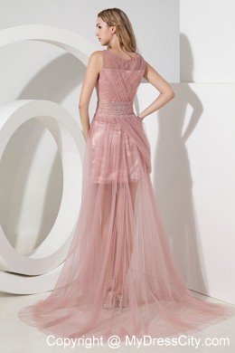 Light Pink Column Scoop Evening Cocktail Dress with Tulle Ruches