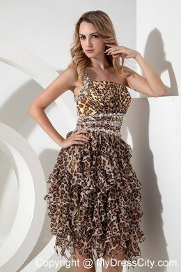 One Shoulder Ruffles Beading Leopard Cocktail Dress with Cutout Back