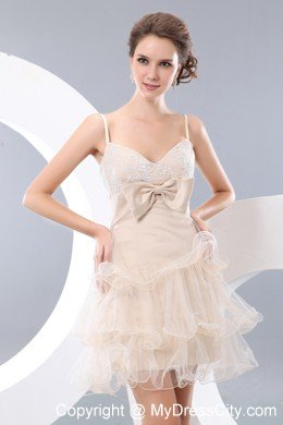 Champagne Spaghetti Straps Bowknot Ruffled Layers Cocktail Dress