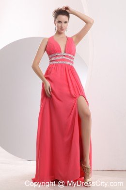 2013 Sexy Watermelon Red Halter Beading High Slit Cocktail Dress