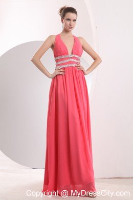 2013 Sexy Watermelon Red Halter Beading High Slit Cocktail Dress