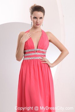 2013 Sexy Watermelon Red Halter Beading High Slit Cocktail Dress