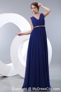 Simple Blue V-neck Belt Ruches Prom Cocktail Dress with Floor-length