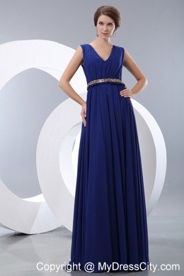 Simple Blue V-neck Belt Ruches Prom Cocktail Dress with Floor-length