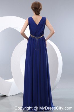 Simple Blue V-neck Belt Ruches Prom Cocktail Dress with Floor-length