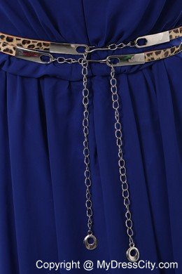 Simple Blue V-neck Belt Ruches Prom Cocktail Dress with Floor-length