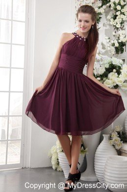 Chiffon Beaded Scoop Neck Ruching Dark Purple Cocktail Reception Dresses