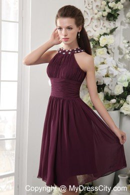 Chiffon Beaded Scoop Neck Ruching Dark Purple Cocktail Reception Dresses