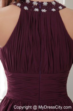 Chiffon Beaded Scoop Neck Ruching Dark Purple Cocktail Reception Dresses